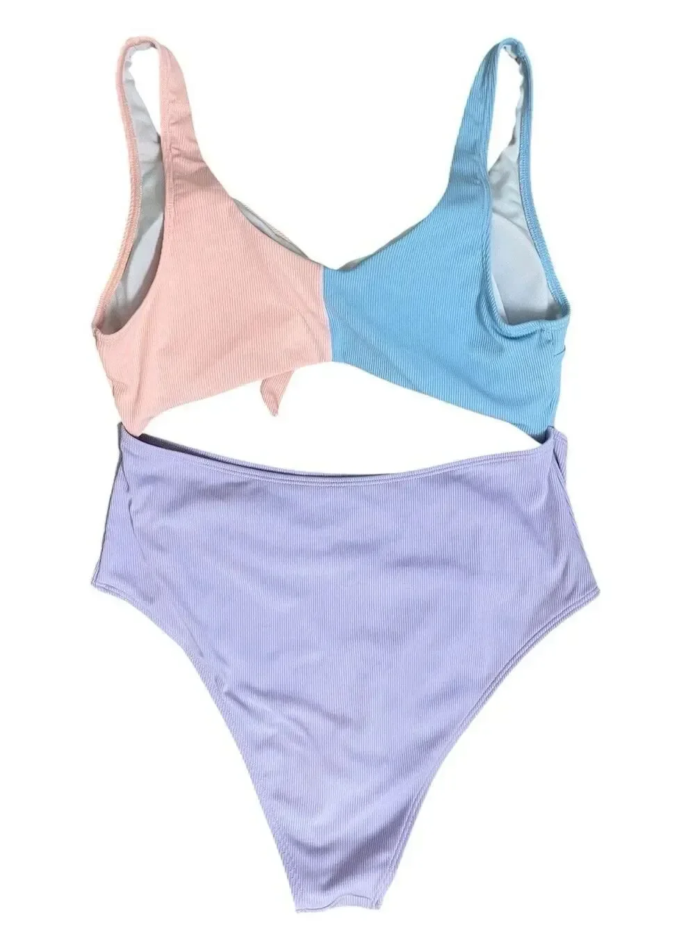 Colorblock Ribbed One Piece Swimsuit Womens M Pastel Blue Pink Purple Cutout
